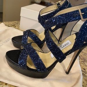 Jimmy Choo Navy Blue Glitter Vamp Heels